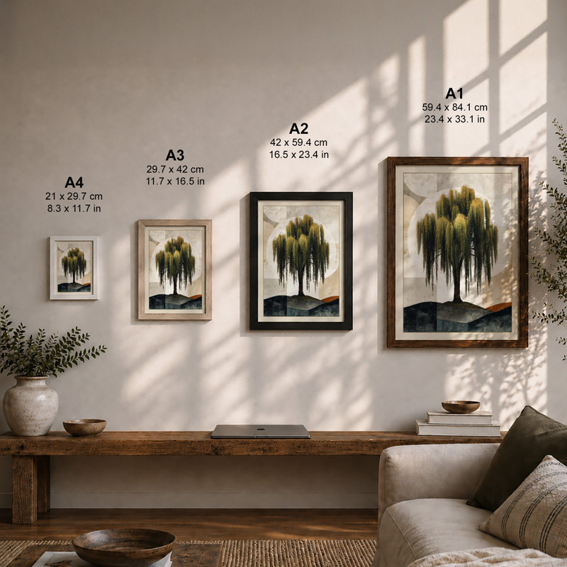 Weeping Willow Japandi - Framed Print, A2 - 59.4 x 42.0 cm, Walnut