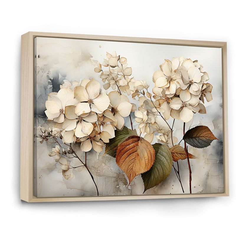 Hortensias botaniques rétro - impression, Cadre naturel flottant, H 30 po x l 40 po x P 1,5 po