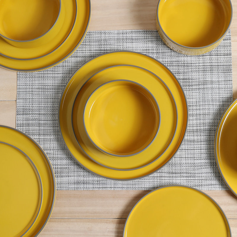  Service de table en grès 12 pièces Sleek Line - Service pour 4, Jaune