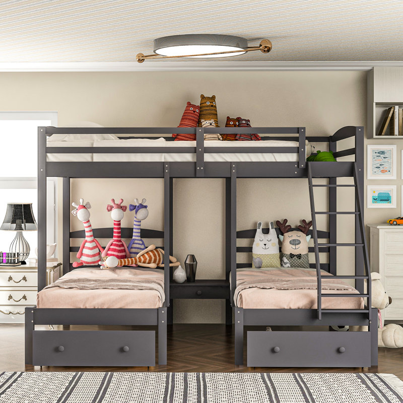 Lit double superposé au-dessus de simple et double en bois de pin gris avec tiroirs fonctionnels