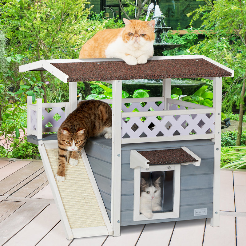 Maison de chat d'extérieur durable à l'épreuve des intempéries avec rayures, P 30 po x l 22 po x H 29 po, gris