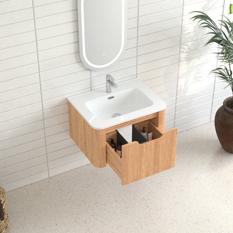 Meuble-lavabo flottant mural en noyer naturel 24 po, pré-assemblé, lavabo en céramique blanche, peu encombrant, conception de tiroir à fermeture en douceur