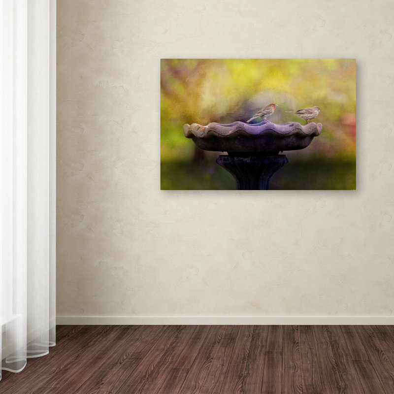 Finches on Stone Bird Bath Canvas Art, 20" x 25"