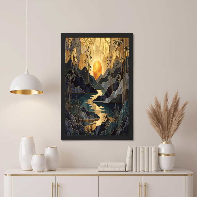 «Bamboo Forest Landscape with Golden Sun and Mountains», art mural, H 18 po x l 24 po