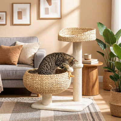 Modern Cat Tree With Sisal Scratching Post And Plush Cat Bed, Includes Hanging Ball Toy And Cozy Basket For Indoor Cats, 28 Inches