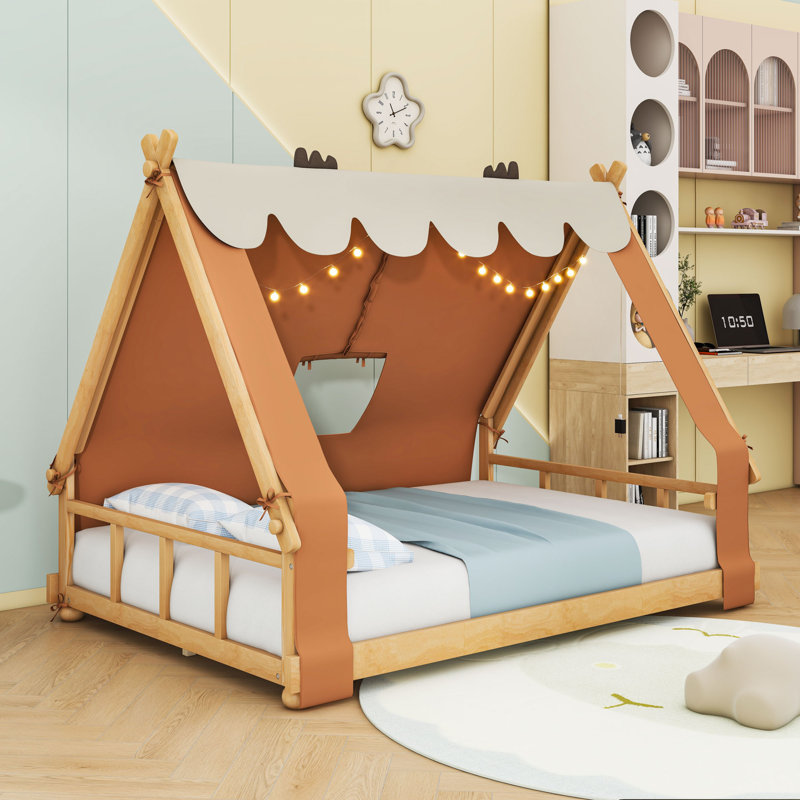 Lit maison avec tente et lumière, Double, Brun