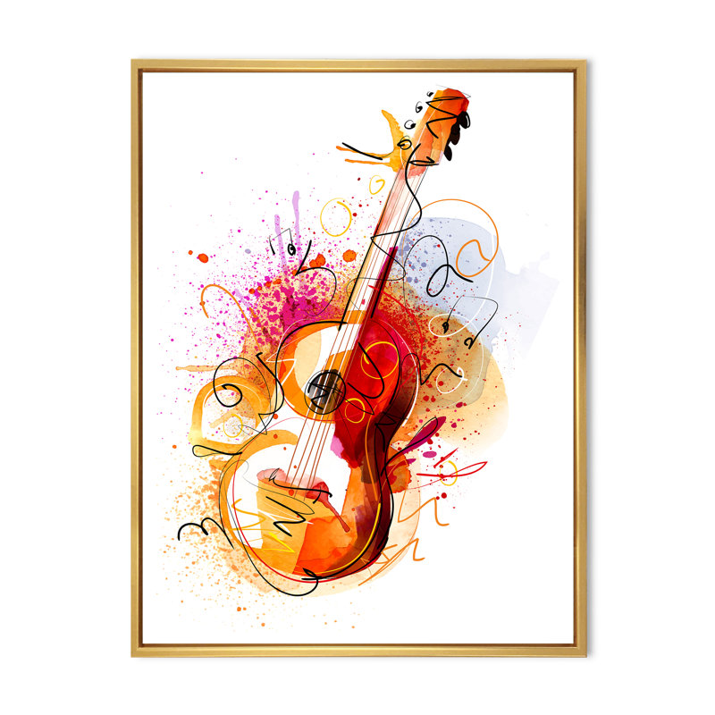 Musique, guitare, dessin abstrait - peinture, H 20 po x l 12 po x P 1 po, Cadre flottant doré