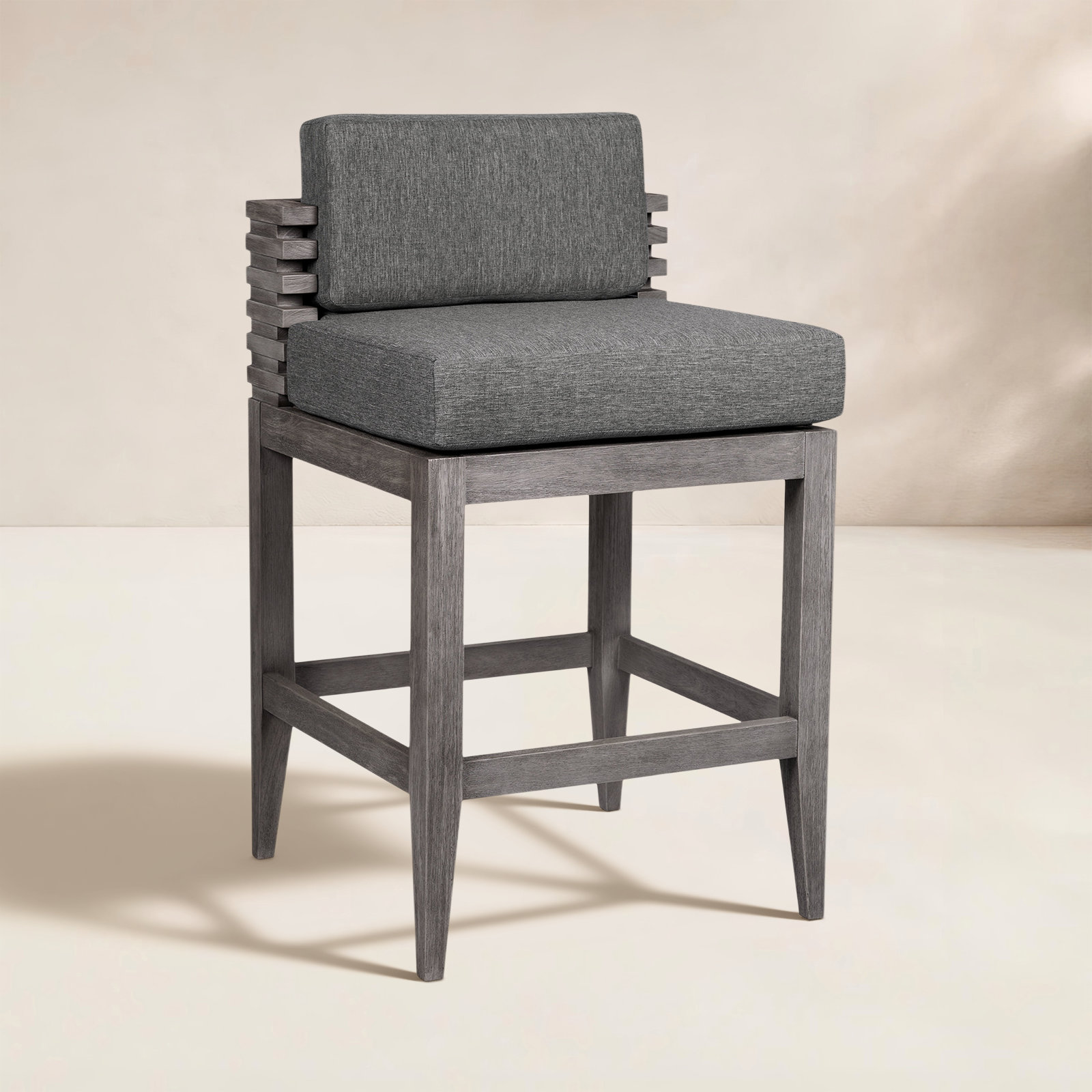 Aerilyn Wood Outdoor Bar Stool with Cushion, Light Gray, Grey Performance, 30" H