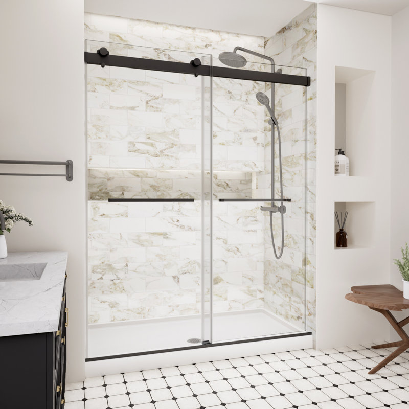 Porte de douche sans cadre de 56 à 60 po x H 74 po avec verre trempé anti-déflagrant de 5/16 po (8 mm), porte de douche coulissante double avec fermeture en douceur, noir mat 