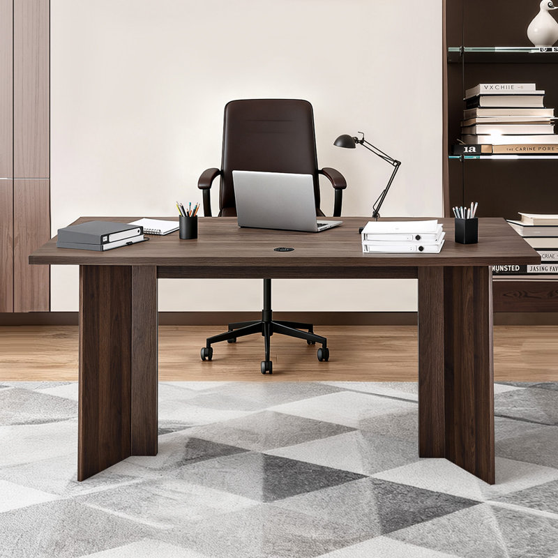 63 in Executive Desk, Large Modern Rectangle Office Table, Heavy Duty Wooden Executive Table with Cable Connection Hole, 250 LBS Load Capacity, Easy Assembly, for Work Study Writing, Walnut