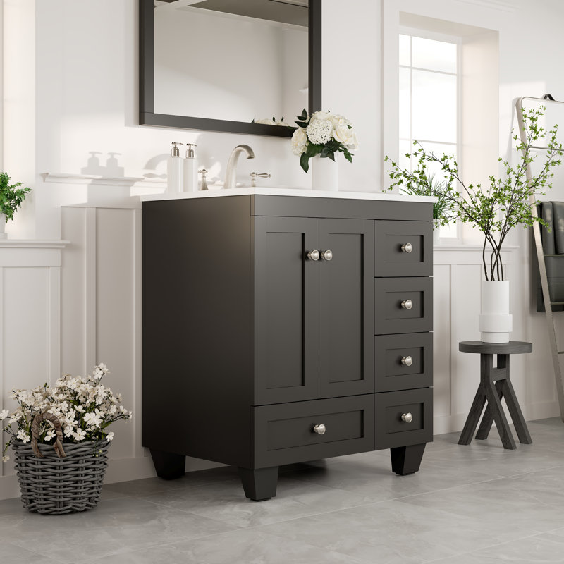 Meuble-lavabo en porcelaine l 28 po x P 22 po Yena, Quartz - blanc de Carrare, Espresso