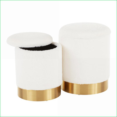 Ensemble de 2 pièces de repose-pieds avec tissu moelleux crème et repose-pieds Base en métal doré | Glam contemporain | Or | Métal
