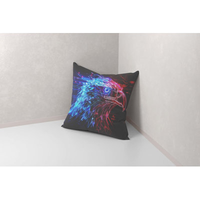 Cyber Eagle Pillow Cover, Futuristic Neon Bird Art in Blue & Red
