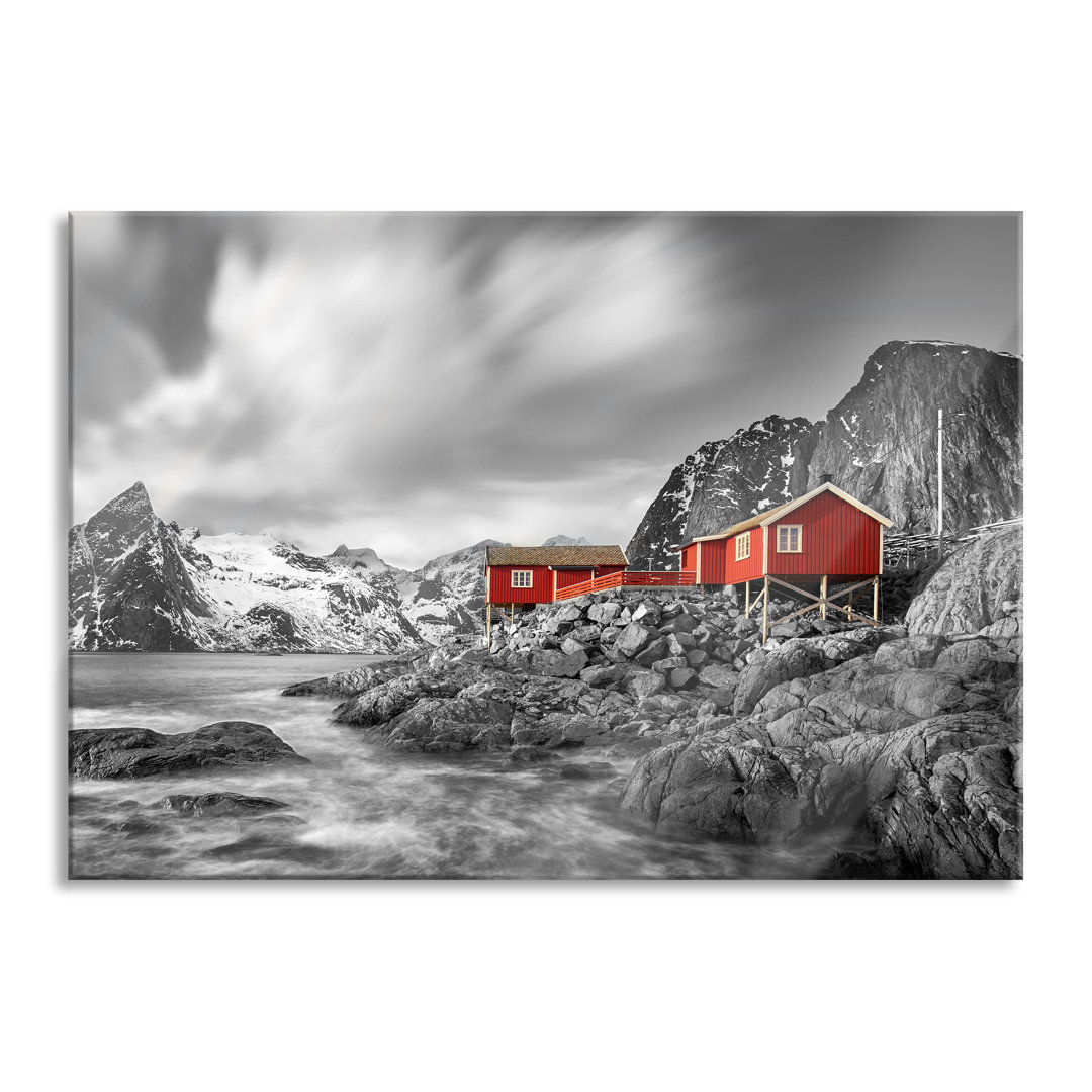 Ungerahmtes Foto auf Glas "Einsames rotes Haus am Meer in Norwegen"