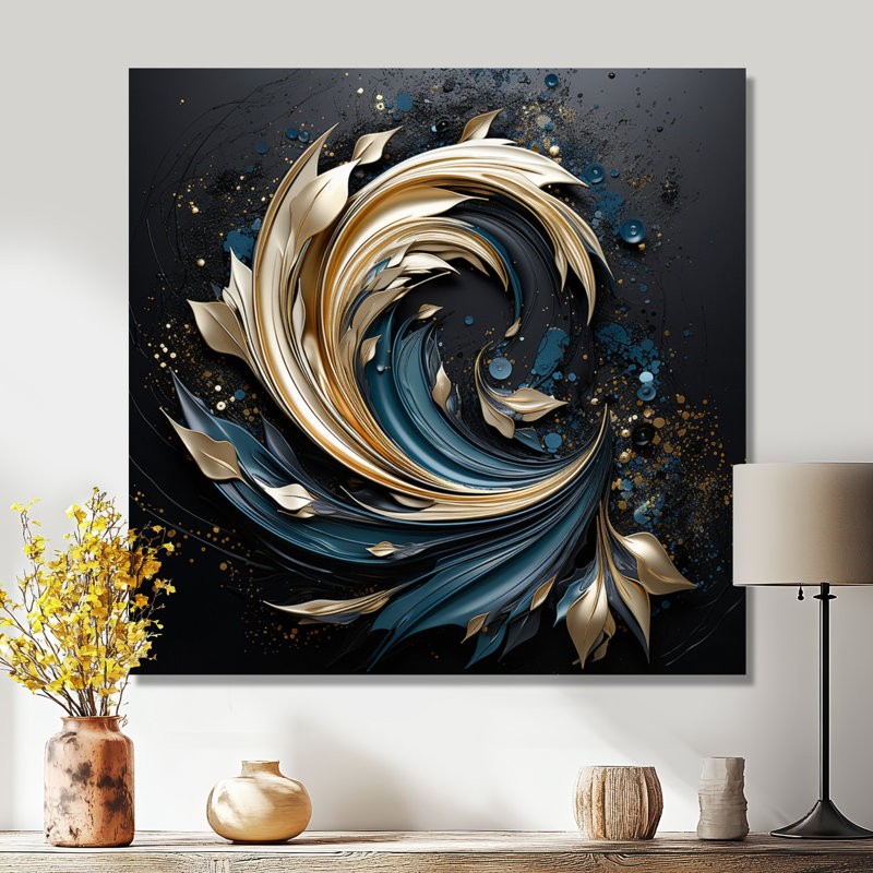 «Teal Spiral Leaves - Botanicals», art mural, Toile tendue, H 36 po x l 36 po x P 1,5 po