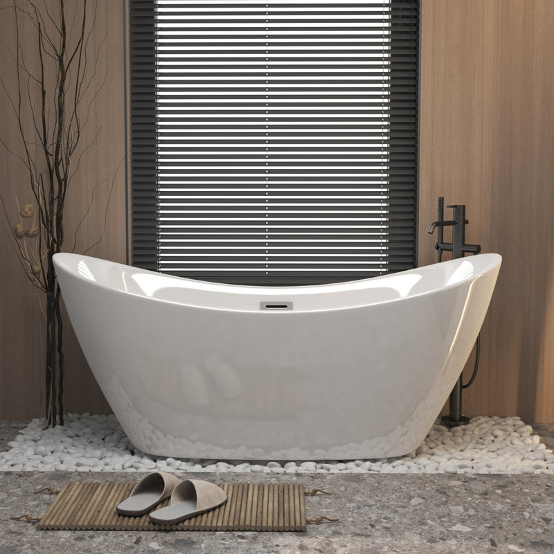 Acrylic Freestanding Tub, Gloss White,  With Chrome Overflow And Pop-Up Drain,