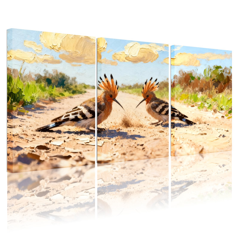 Birds Hoopoe Birds on Sandy Path Under Cloudy Sky, ensemble de 3 impressions sur toile, H 18 po x l 36 po