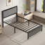 Single Size Bed Frames With Linen Upholstered Headboards And Nailhead Trim, Modern Platform Bed with Sturdy Metal Slats Support, Easy To Assemble