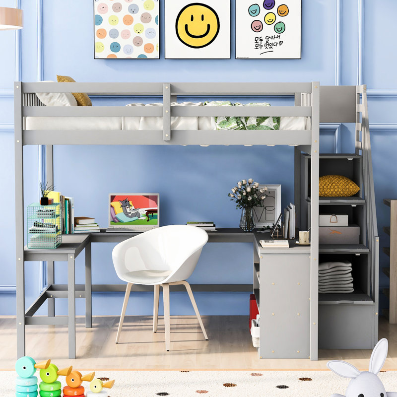 Lit mezzanine double gris avec bureau en L et espace de rangement - Maximisez votre chambre à coucher dans l'espace Solutions