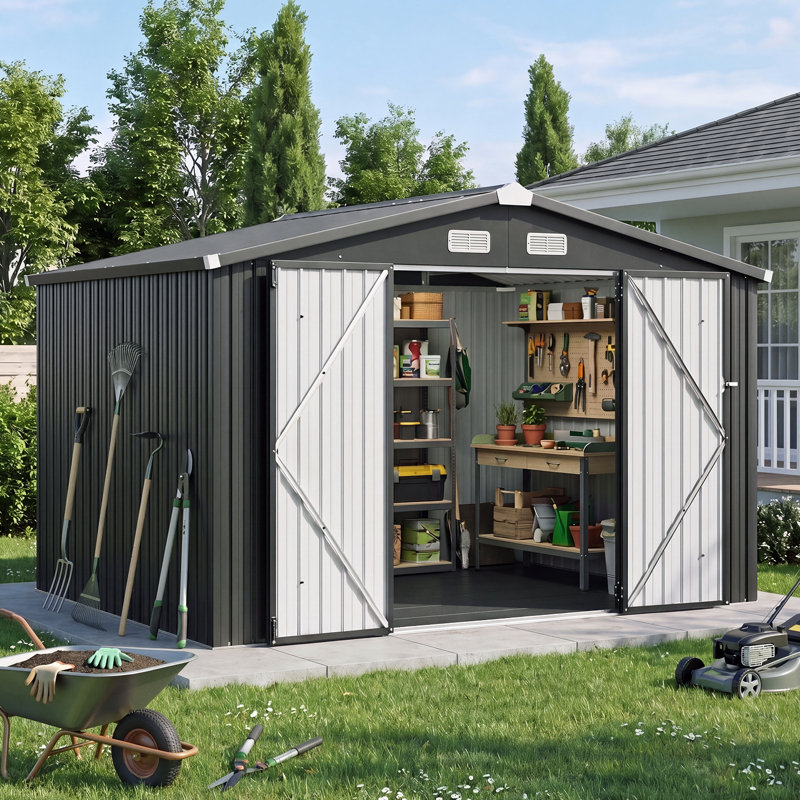 Remise de rangement extérieure l 10 pi x P 8 pi avec plancher et portes doubles, noir