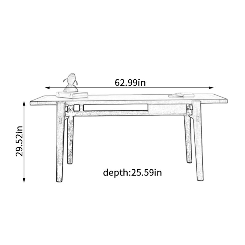 Bureau d'écriture rectangulaire en bois de frêne noir, H 29,52 po x l 62,99 po x P 25,59 po