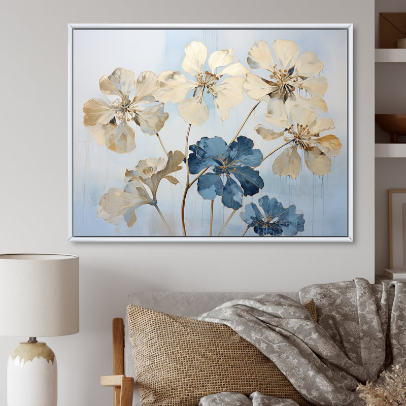 Fleurs de géraniums beiges et bleus, Cadre flottant blanc, H 24 po x l 32 po x P 1 po