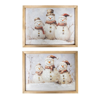 «Triple Snowman», ensemble d'art encadré, peint à la main sur toile, ensemble de 2