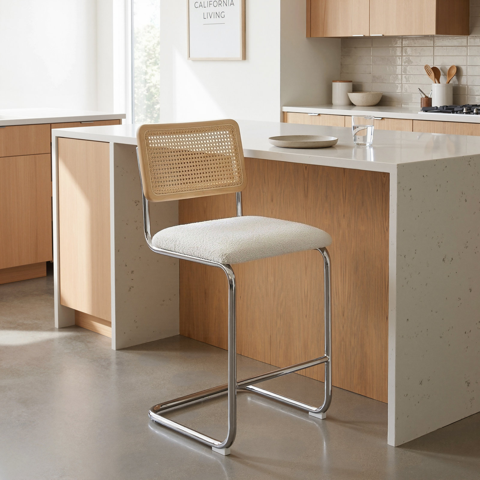 Walsh Boucle Bar & Counter Stool, Counter Stool (24” Seat Height), White Boucle/ Chrome Frame