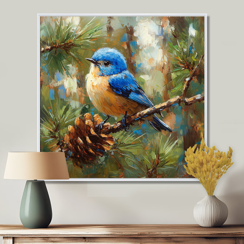 «Cheery Bluebird In The Pines II», art mural oiseau, Impression encadrée flottante, H 36 po x l 36 po, Blanc
