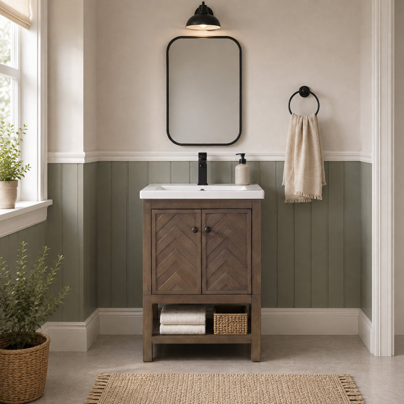 Meuble-lavabo simple 24 po avec plateau en céramique Chazden, Brun cacao, Cuivre antique, Blanc