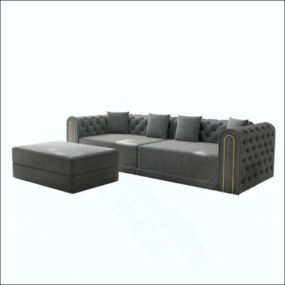 Canapé-lit convertible 3 en 1, canapé moderne élégant avec capitonnage à boutons et bordure dorée, canapé 3 places avec repose-pieds mobile pour salon, appartement, bureau, chambre à coucher