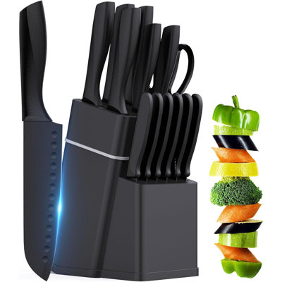 15-Piece Knife Set With PP Handles, Stainless Steel Kitchen Knife Set With Block And Built-In Sharpener, Dishwasher Safe Kitchen Knives In Black