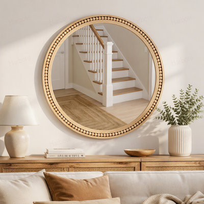 Miroir mural rond 30×30 pouces couleur bois naturel avec cadre en bois massif perlé, style rustique et champêtre.