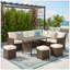 7 Piece Wicker Patio Dining Set, 9-Seat  Outdoor Sectional Ivory Cushions Sofa With Ottomans & Dining Table Porch Backyard Garden-1641075718