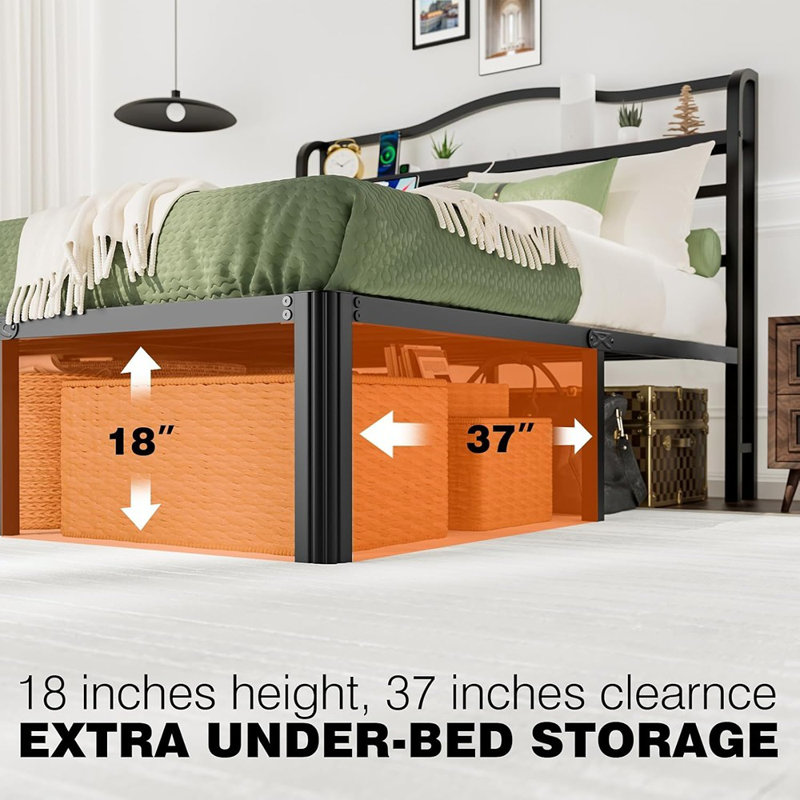 Base de lit grand avec tête de lit et station de charge Base de lit en métal de 18 po de hauteur, base de matelas robuste avec grand espace de rangement, cadres de lit plateforme noirs sans sommier (18 po, grand)