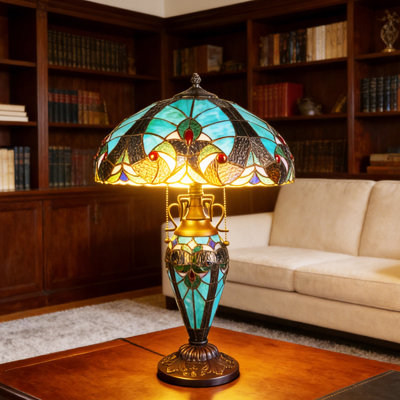 3 Light Tiffany Style Table Lamp, Green Stained Glass Liaison Lamp, Mother-daughter Vase Desk Reading Light Decor Bedroom Living Room Home Office