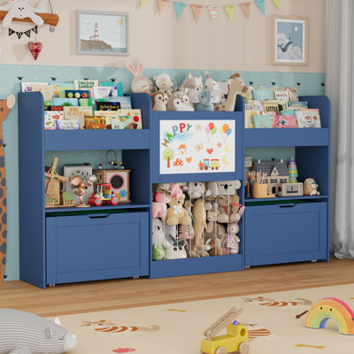 74.3" W Toy Storage Organizer with 6-Tier Kids Bookcase, Stuffed Animal Storage, 2 Removable Drawers Toy Box, Building Block Board and Magnetic Drawing Board, for Playroom, Nursery, Kids Room, Blue