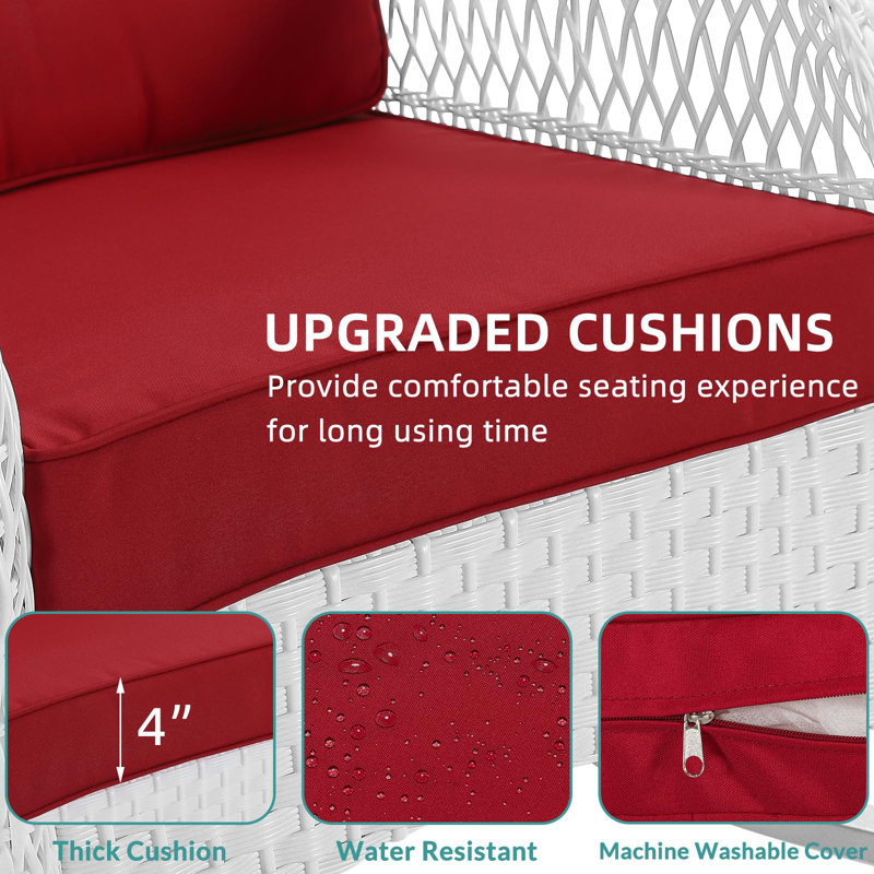 White Wicker Outdoor Rocking Chairs with Red Cushions
