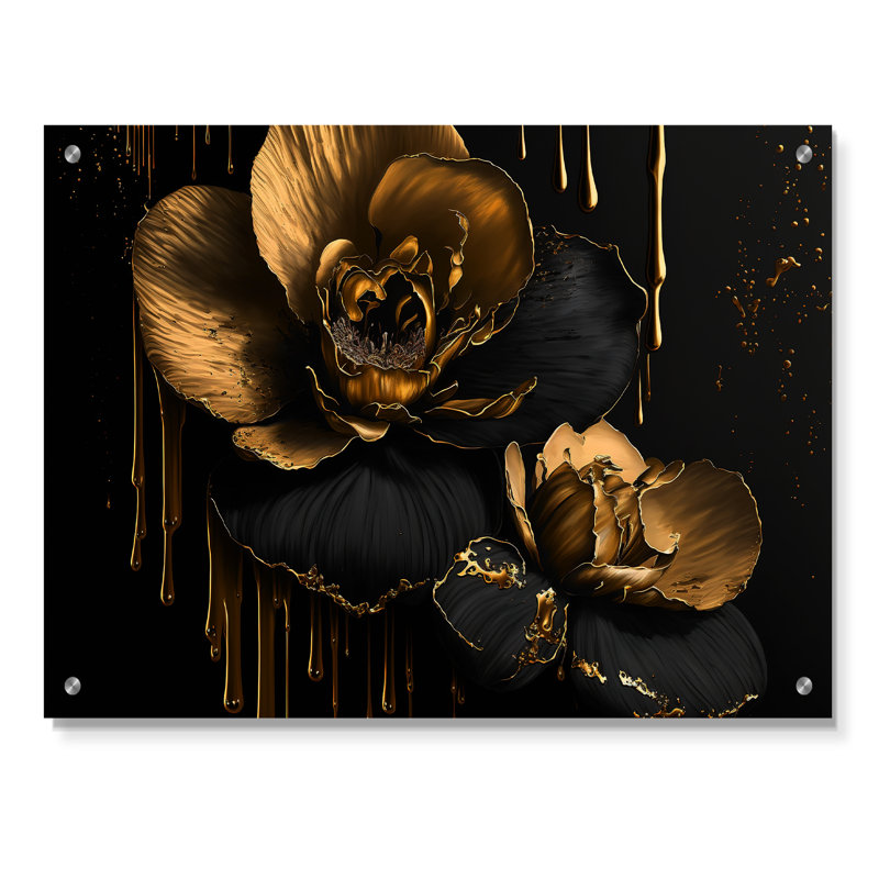 Orchidée noire et or II - art mural acrylique orchidée, H 12 po x l 20 po