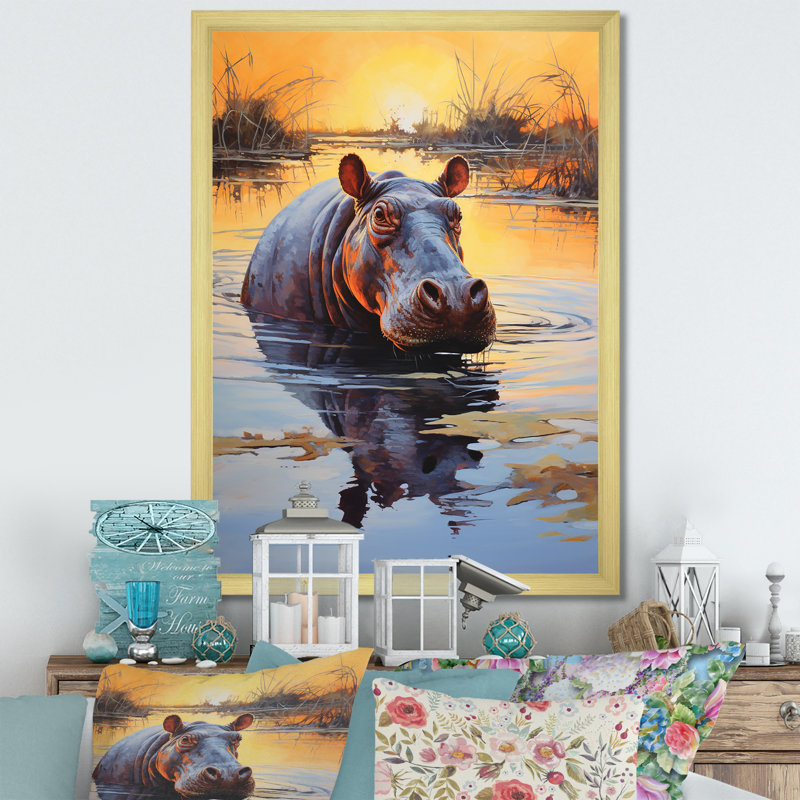 Hippopotame, roi de la savane 1 - Hippopotame, art mural, Cadre doré simple, H 32 po x l 16 po x P 1 po