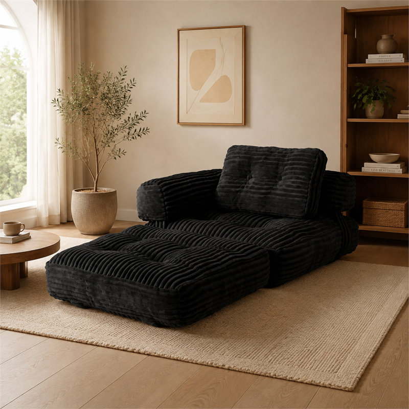 Canapé-lit de sol pliable noir sans cadre avec accoudoirs et coussins, sofa-lit pour salon