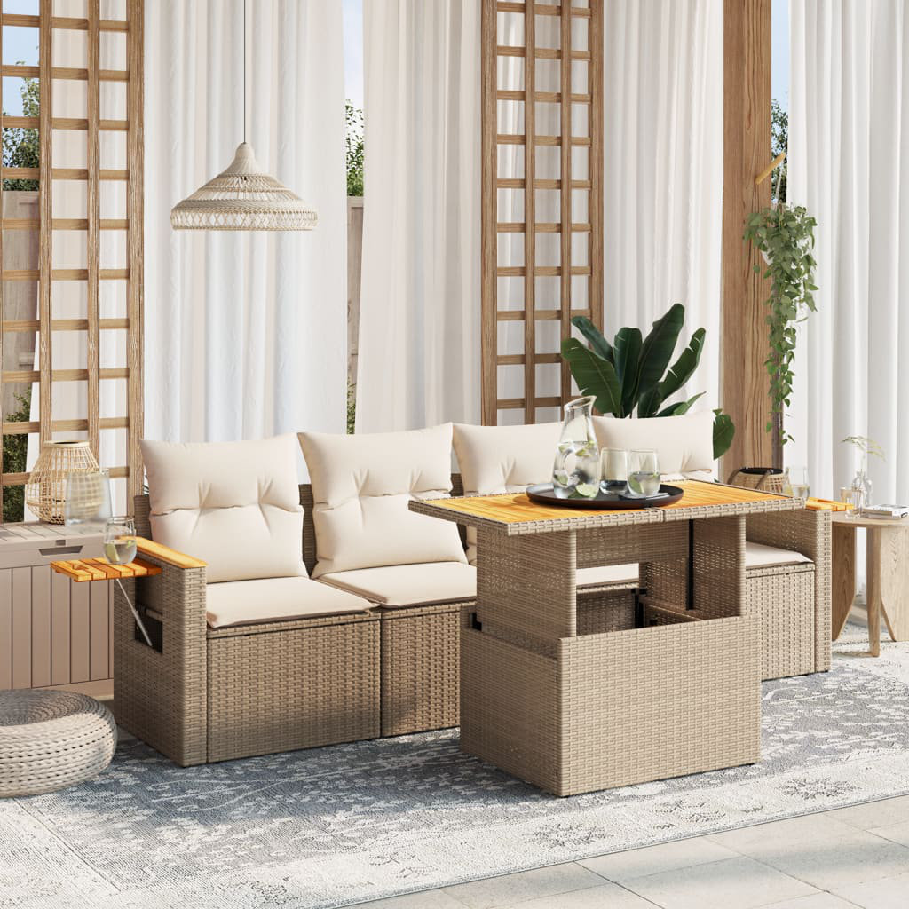 Vidaxl 5 Piece Garden Sofa Set with Cushions in Beige Poly Rattan