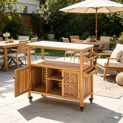 Outdoor Patio Acacia Wood Bar Cart