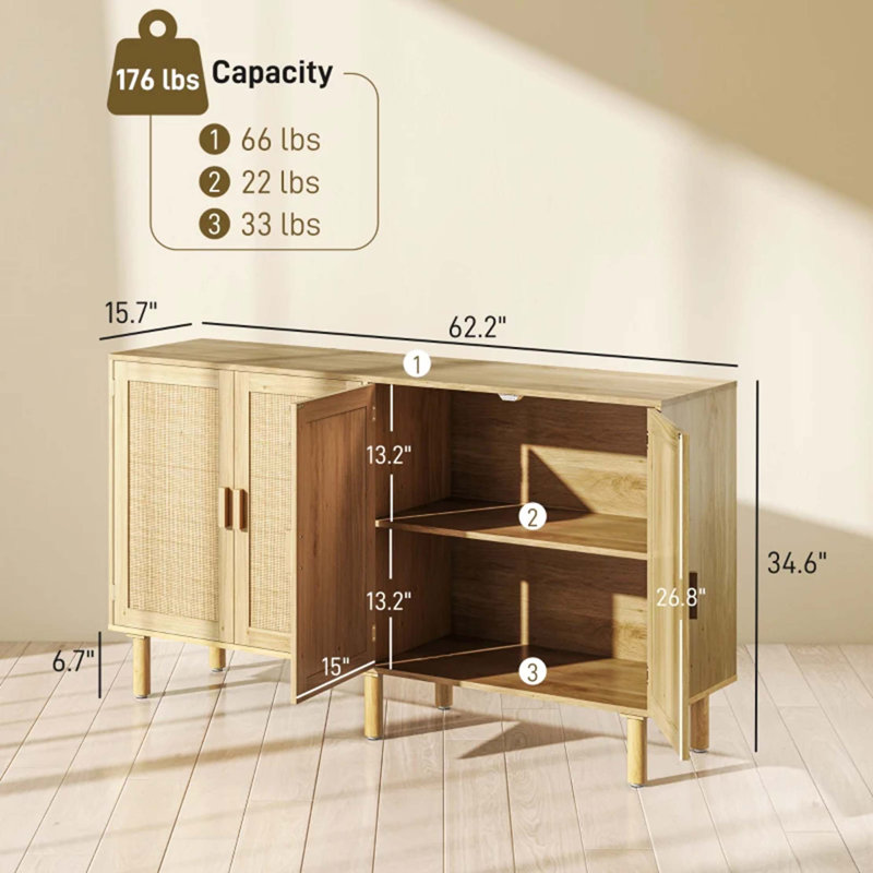 Armoire de rangement bohémienne en rotin avec portes magnétiques
