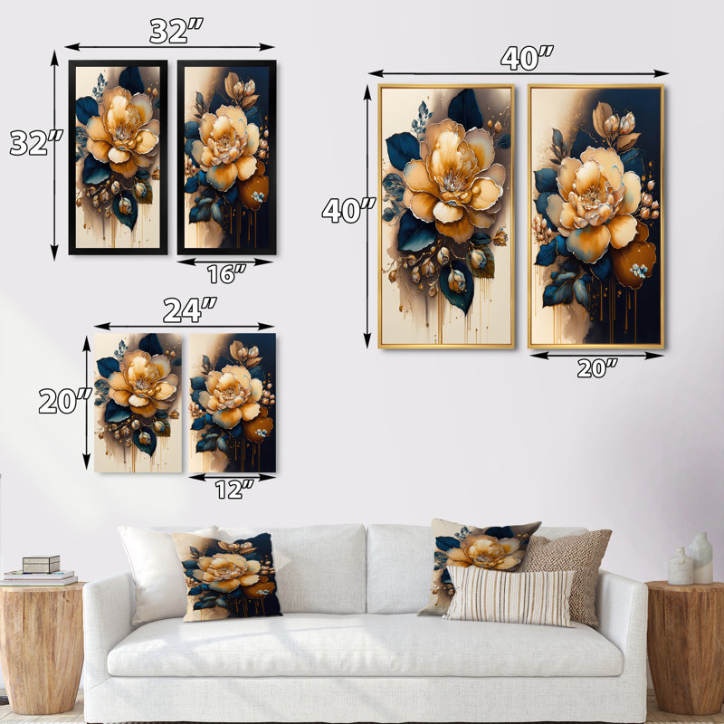 "Fleur de camélia jaune et bleu foncé", 2 pièces sur toile, H 32 po x l 32 po, Cadre noir