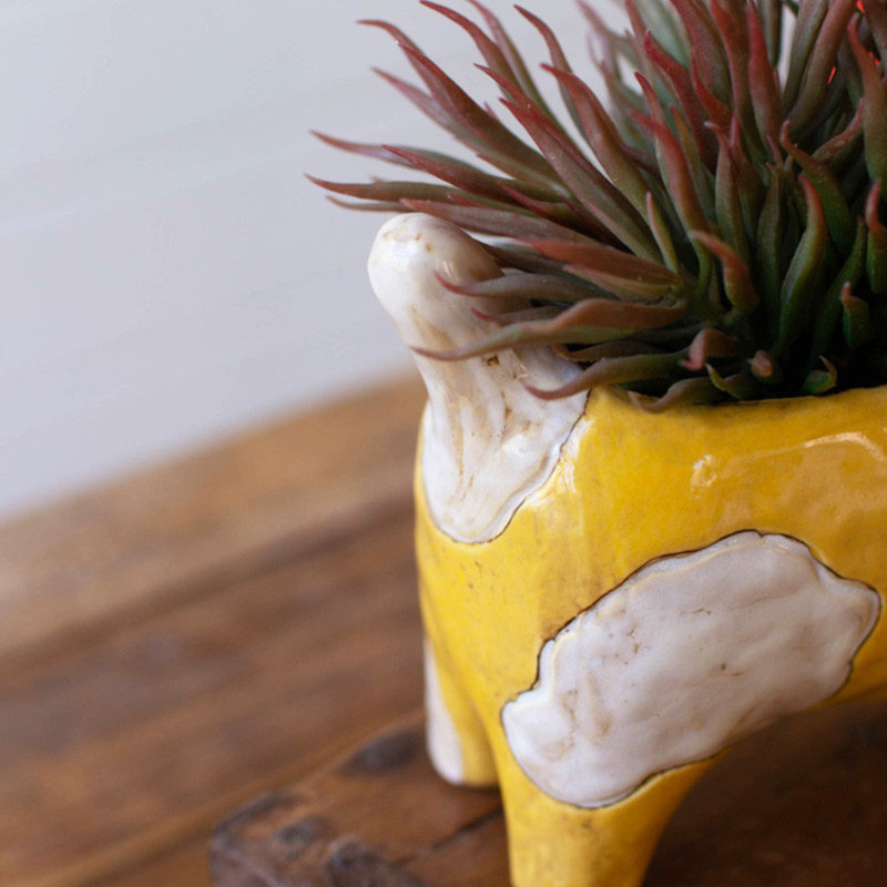 Yellow and White Ceramic Cat Planter for Succulents
