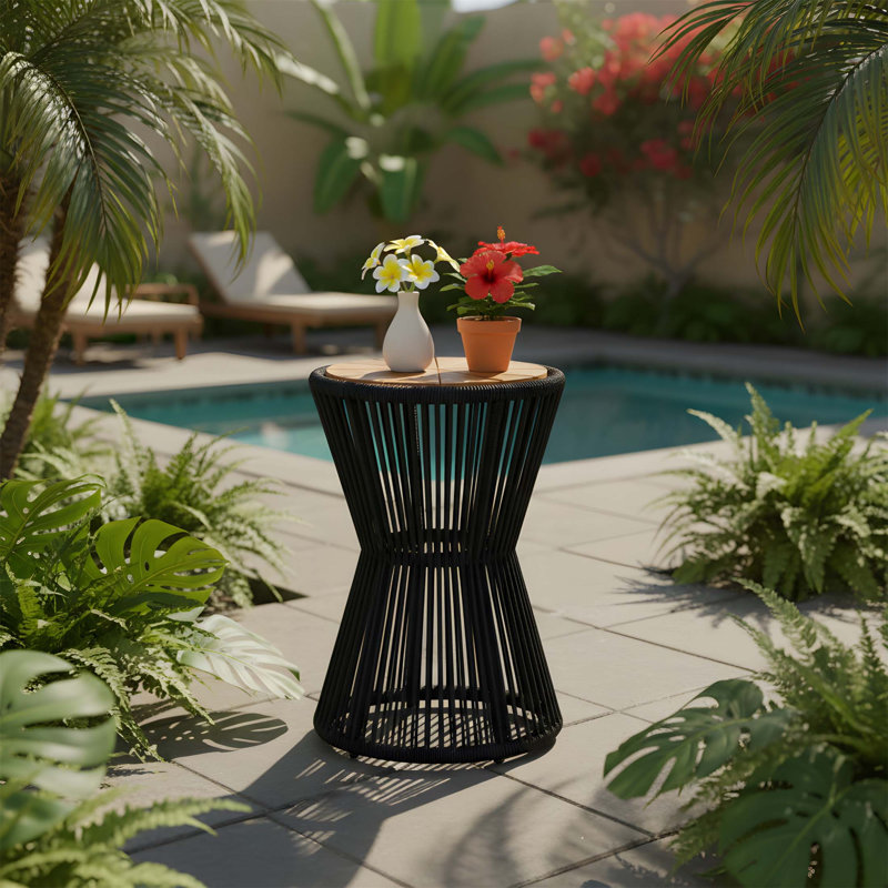 Élégante table d'appoint d'extérieur en bois d'acacia, corde et fer, résistante aux intempéries pour patio, terrasse, jardin, balcon, style minimaliste moderne