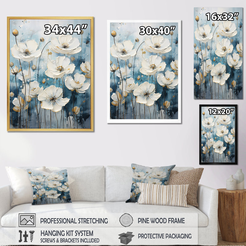Minimalisme bleu blanc Buttercups II sur toile, H 40 po x l 30 po x P 1,5 po, Toile tendue