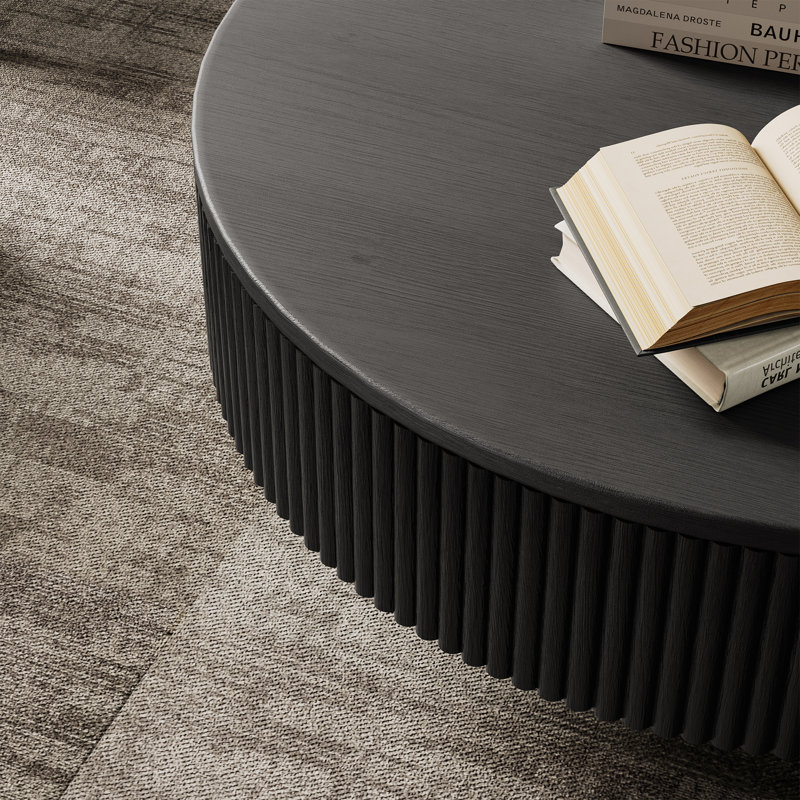 35" wide solid oak circular coffee table with solid wood and wax wood design., Noir, noir, noir, noir