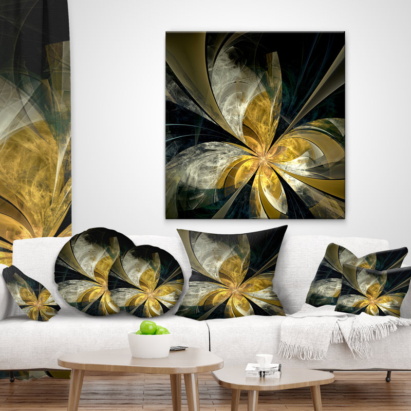 Coussin floral à fleur symétrique floral, 16 po x 1 po, Doré / Noir, Coussin décoratif